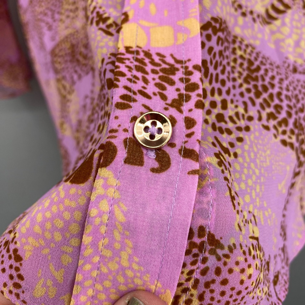 Cabi Cheetah Blouse Women Large Pink Linx Leopard Print Ruffle Sleeve Sheer 5711 - Picture 4 of 15
